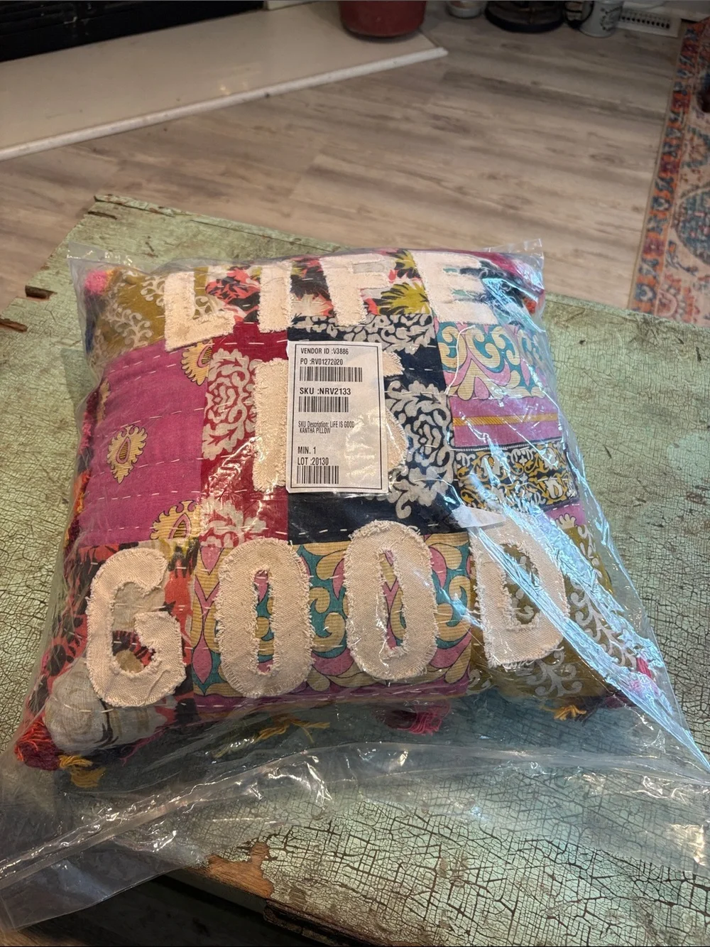 Life Is Good Boho Patchwork Tassel Throw Pillow 16” Decorative Cushion New